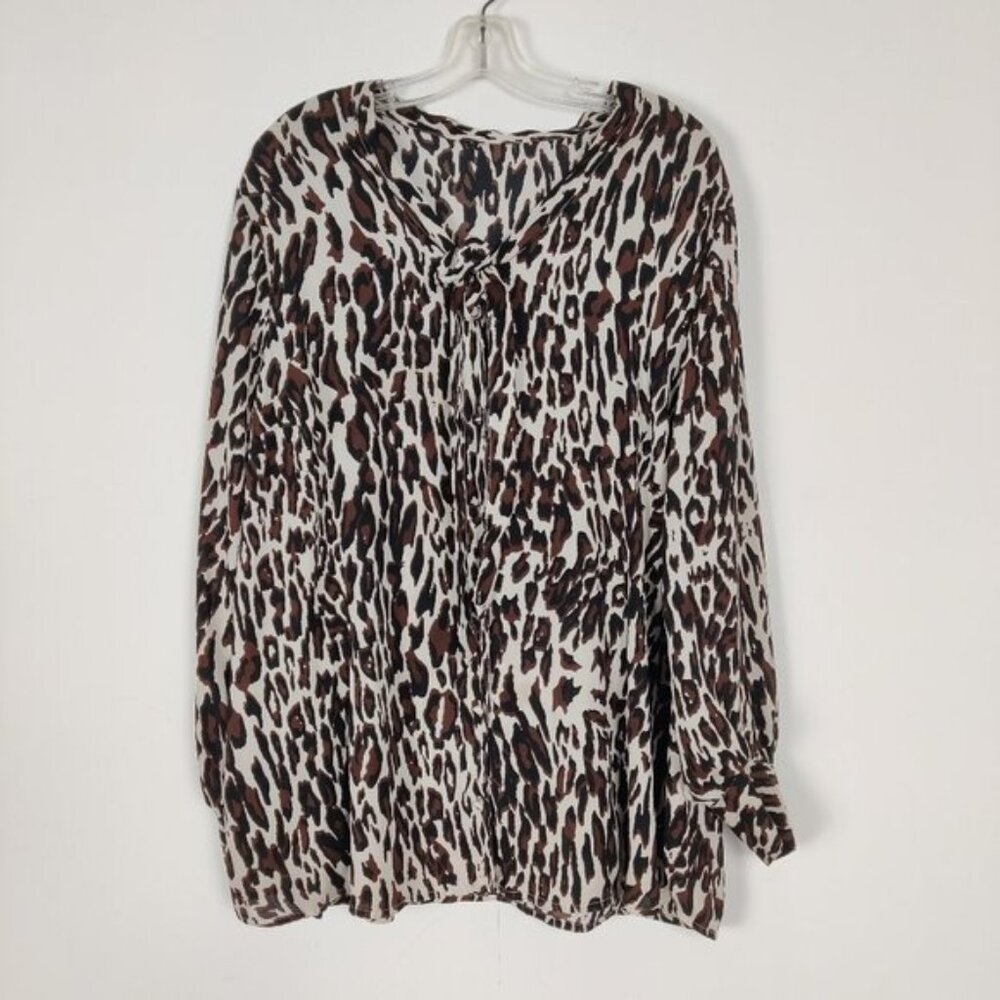 Women's Blouse Size XL Buttoned White Black Brown Leopard Print Business Casual